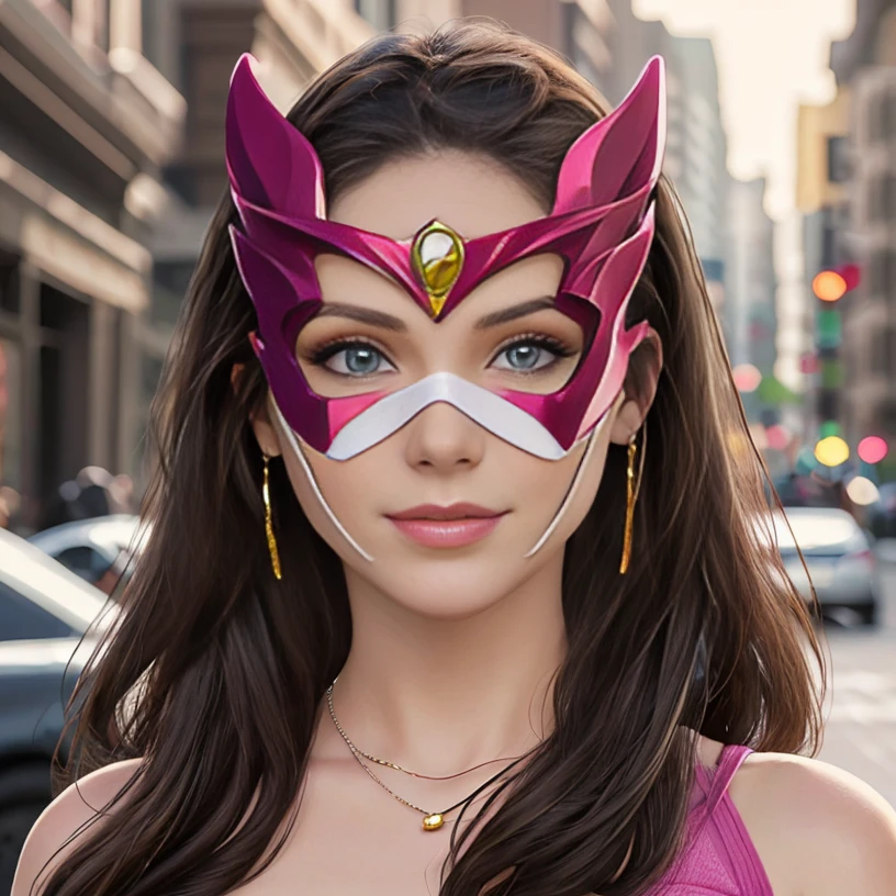 a woman wearing a superhero mask <lora:Superhero_mask:.7>, pink, yellow, white