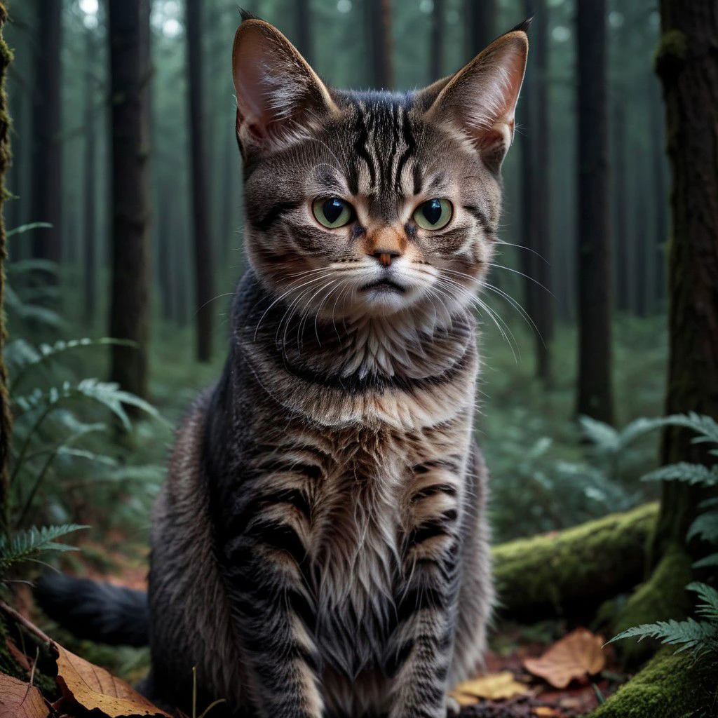 8k, masterpiece, ultra high resolution canon 5d photo of cat jussi_angry in dark atumn forest , high detailed fur, focus on face