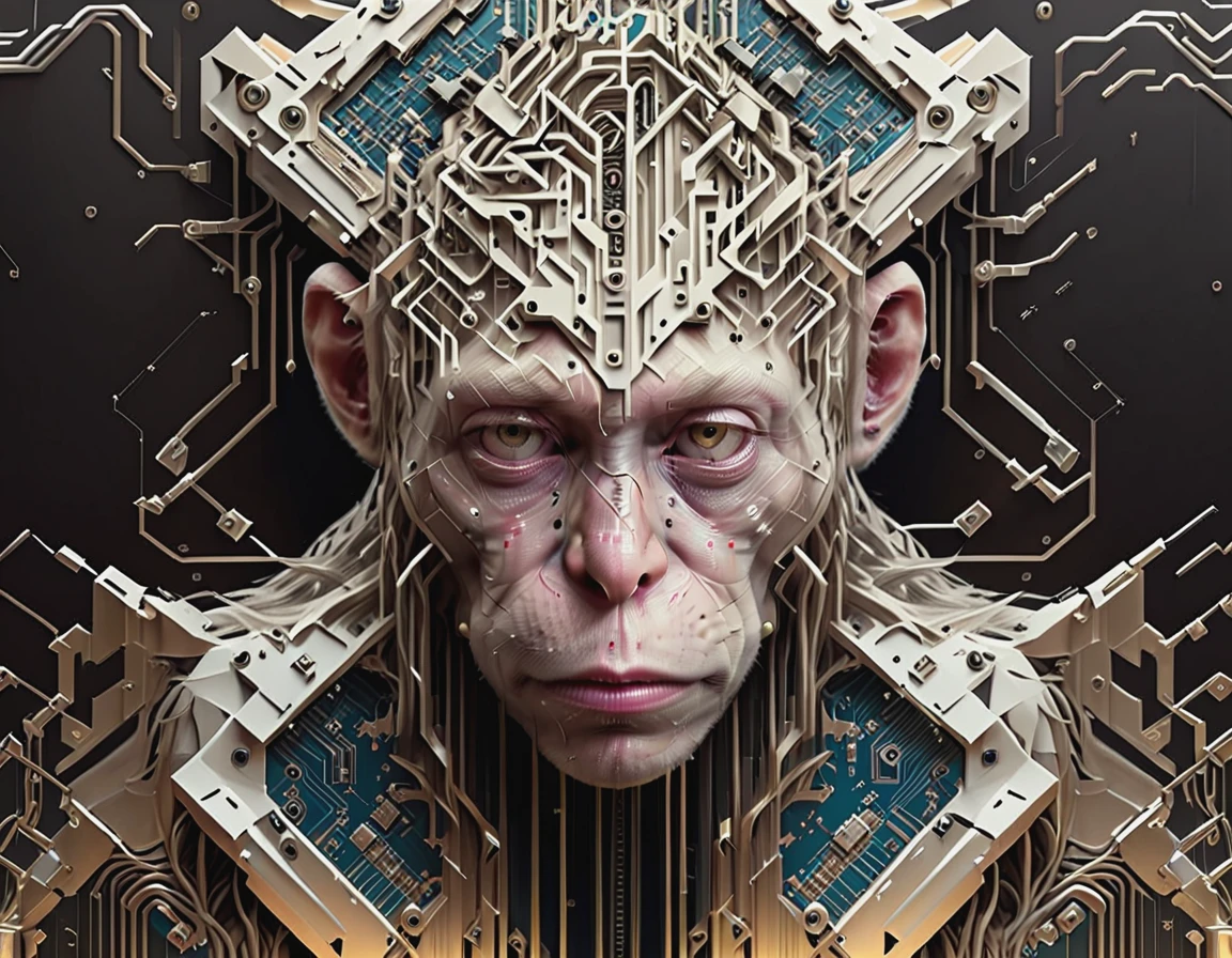 a cybersad macaque monkey, head fused with circuitry, fuck elon musk!