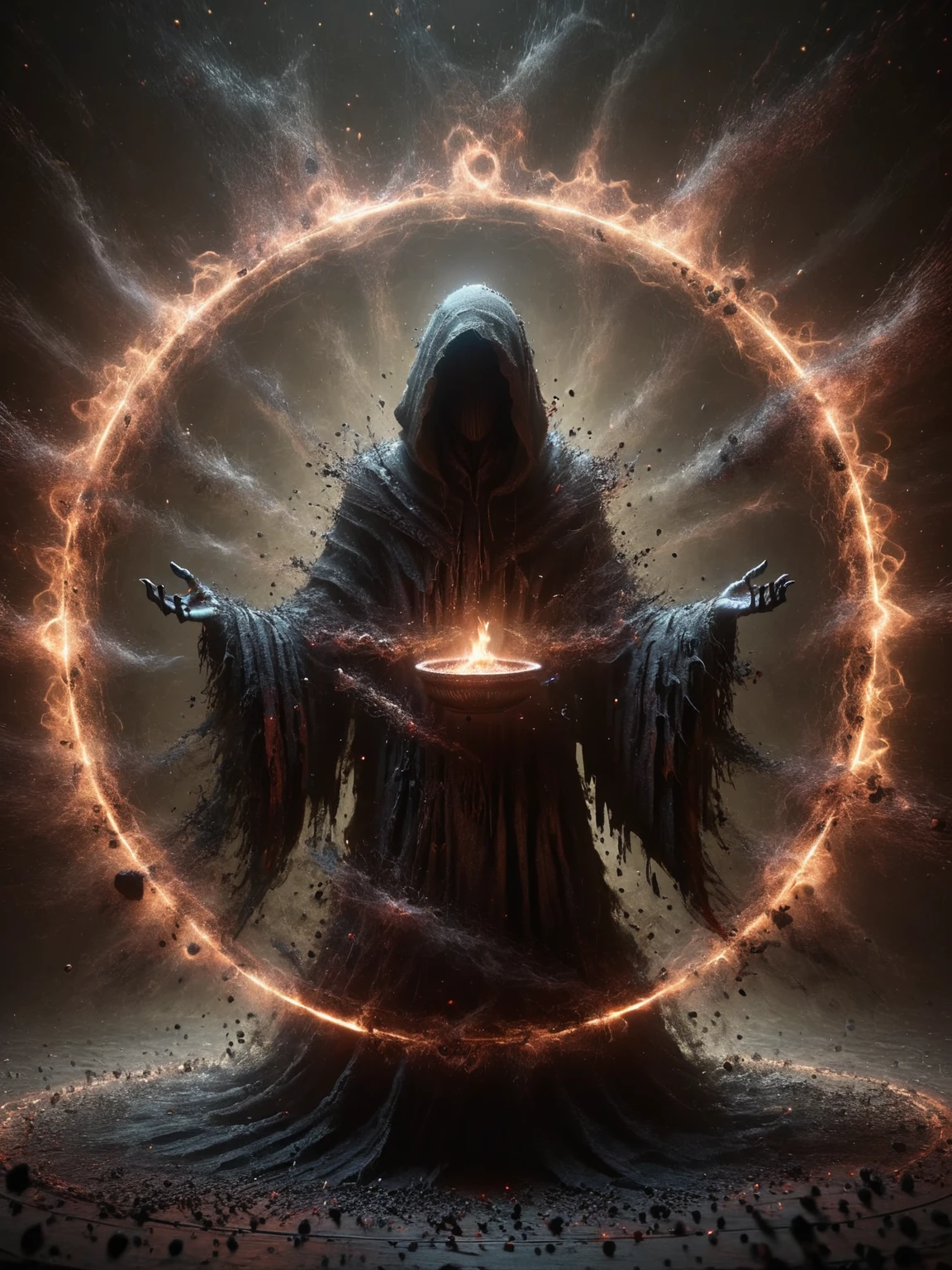A mysterious cloaked figure summoning dark forces in a ritual circle, surrounded by ais-darkpartz that pulsate with malevolent energy. <lora:Dark_Particles_Style_SDXL:1>