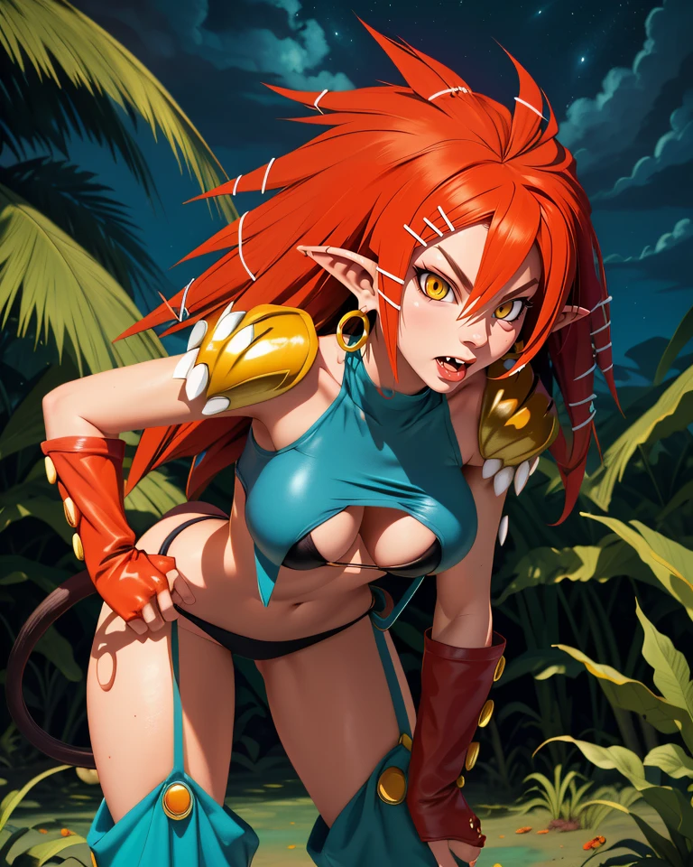 Bmaster,red hair,spiked hair,yellow eyes,pointy ears,fang,tail,
blue swimsuit,black bikini,orange gloves,o-ring,earrings,chaps,hairclip,
shoulder pads,
standing,leaning forward,
night,jungle,
(insanely detailed, masterpiece, best quality),solo,<lora:Beastmaster:0.8>,