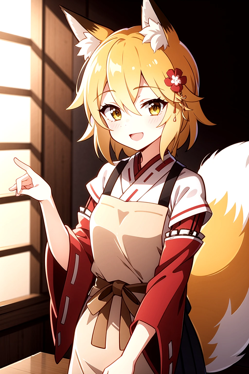 <lora:Senko-07:0.6>, EBSenko, 1girl, solo, looking at viewer, blush, smile, short hair, open mouth, skirt, blonde hair, hair ornament, long sleeves, animal ears, hair between eyes, tail, yellow eyes, flower, japanese clothes, hair flower, wide sleeves, kimono, apron, animal ear fluff, fox ears, fox tail, red flower, fox girl, ribbon trim, hakama, hakama skirt, ribbon-trimmed sleeves, white kimono, miko, red hakama, fox shadow puppet, brown apron, double fox shadow puppet, indoors, japanese architecture, upper body