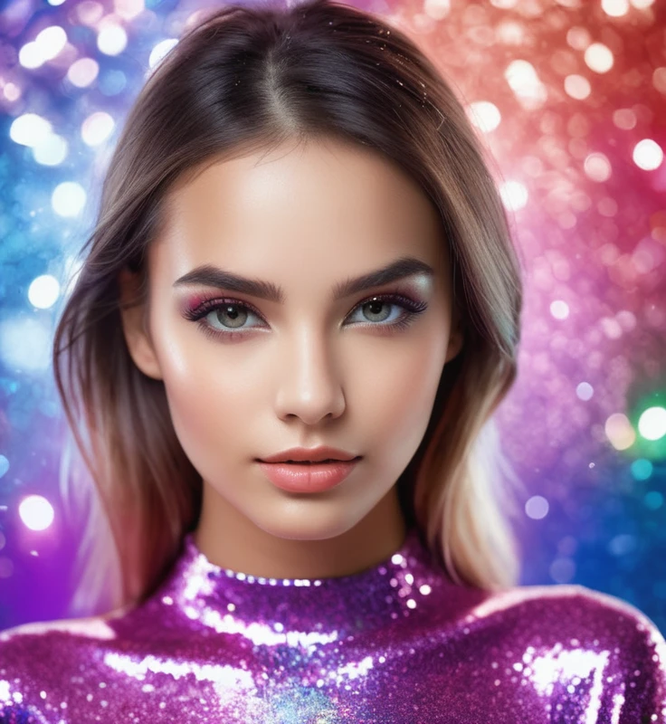 photo, 8k portrait 1girl, glitter, high_resolution, detailed, portrait, shiny skin, multicolor,