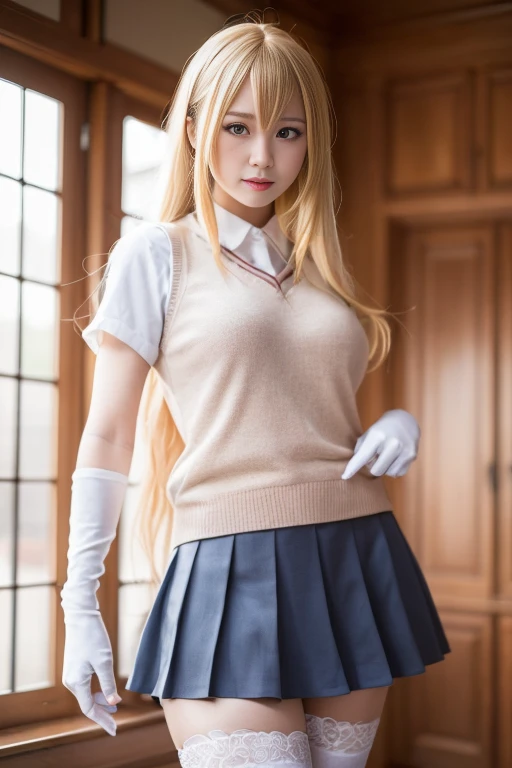 ltra-detailed,highly detailed,best quality,masterpiece,illustration,realistic,photorealistic,
shokuhou misaki, 1girl, solo, cosplay, 
tokiwadai school uniform, lace-trimmed gloves, thighhighs, sweater vest, pleated skirt, zettai ryouiki, spider web print, 
long hair, blonde hair, bangs, 
looking at viewer, cowboy shot, dynamic pose, 
indoors, bedroom, 
 <lora:shokuhou misaki_v1_06:0.6>