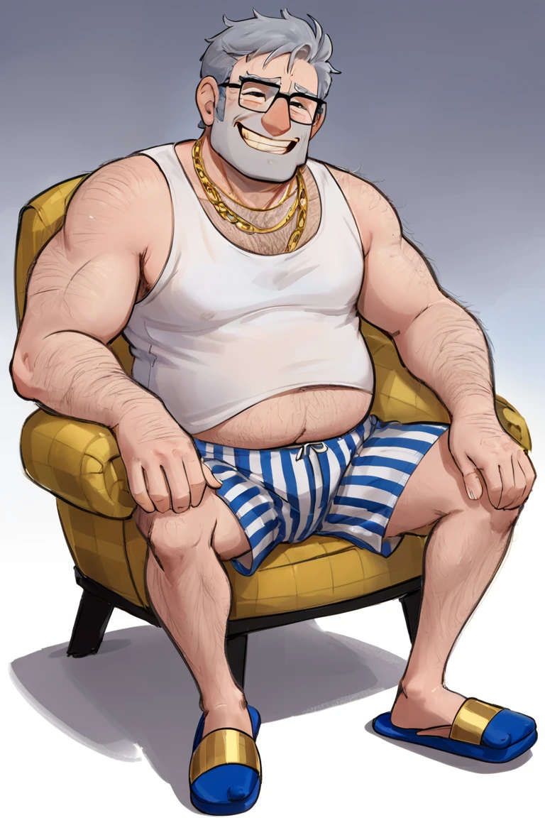 stanpines, solo, male focus, upper body, muscular, mature male, old man, short hair, grey hair, brown eyes, thick eyebrows, glasses, black-framed eyewear, facial hair, stubble, sideburns, smile, necklace, gold chain, chain, white tank top, blue boxers, striped male underwear, blue slippers, plump, belly, fat, arm hair, leg hair, sitting, yellow checkered armchair, simple background <lora:Stanley (Stan) Pines SDXL_LoRA_10r_10e_32i_nr32_a16_SDXL:0.7>