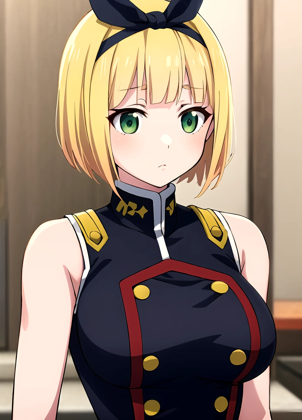 open mouth, masterpiece, highres, (solo), 8k, detailed, perfect face, best quality, (ultra high quality), looking viewers, (armpit), hands up, (bare arms), big breast, yellow hair, light hair, short hair, blue eyes, military uniform, slim body, blush, upper body, at night