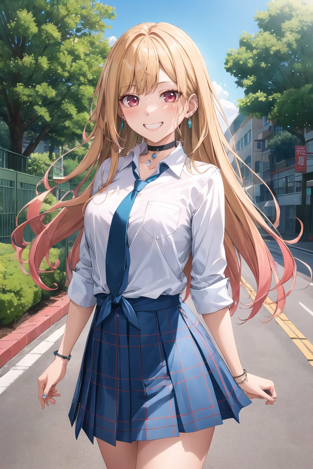 masterpiece, best quality, highres, kitagawa marin, 1girl, blonde hair, long hair, multicolored hair, red eyes, jewelry, earrings, piercing, school uniform, white shirt, tied shirt, black choker, blue necktie, plaid skirt, <lora:kitagawa_marin_v1-1:0.7>, grin, smile, standing, cowboy shot, outdoors, blue skirt <lora:Karory-Style_1150496:1>