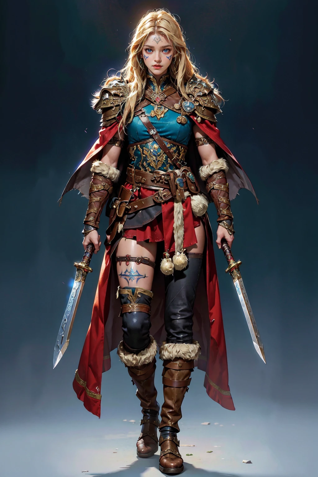 (masterpiece:1.2, best quality), (photorealistic:1.2), Viking_dual_V1, viking, solo, standing, 1girl, ((full body)), (holding sword, dual wielding), armor, boots, fur trim, shoulder armor, belt, pants, pauldrons, cape, scar, tattoo, facial tattoo <lora:Viking_dual_V1:0.45>