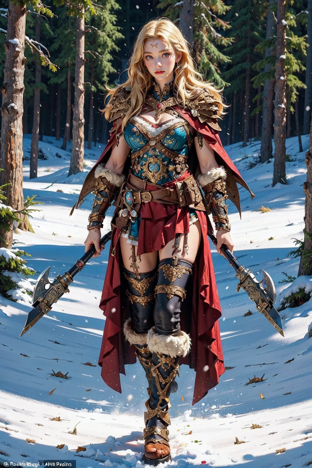 (masterpiece:1.2, best quality), (photorealistic:1.2, intricate details), Viking_dual_V1, viking, solo, standing, 1girl, ((full body)), ((muscular:1.2)), ((holding axe, dual wielding)), armor, boots, fur trim, shoulder armor, belt, pauldrons, cape, scar, tattoo, leg tatto, facial tattoo, blush, huge tits, (Northern European forests background, snow) <lora:Viking_dual_V1-15:0.45>