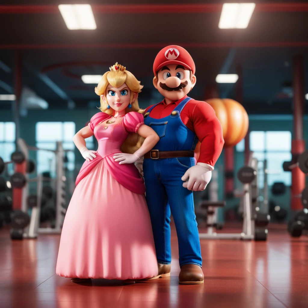 cinematic photo very muscular mario and princess peach as a bodybuilder in a gym . 35mm photograph, film, bokeh, professional, 4k, highly detailed <lora:Mario1024-000200:0.6>