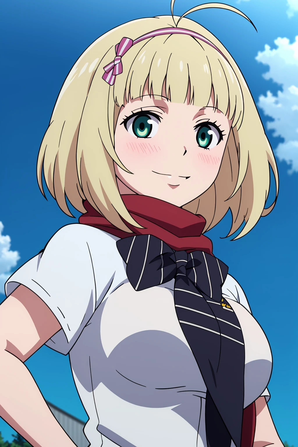 ((best quality)),((highly detailed)),masterpiece,absurdres,detailed face,beautiful face,(detailed eyes, deep eyes),1girl,((dynamic pose)) <lora:ShiemiV1:0.7>,shiemi, blonde hair, green eyes, short hair, blush, hairband, school uniform, solo, smile, day, breasts, necktie, ribbon, antenna hair, large breasts, sky, upper body, striped, ahoge, looking at viewer, cloud, shirt, bow, outdoors, short sleeves, medium breasts, blunt bangs, hair ribbon, bangs, animal, scarf