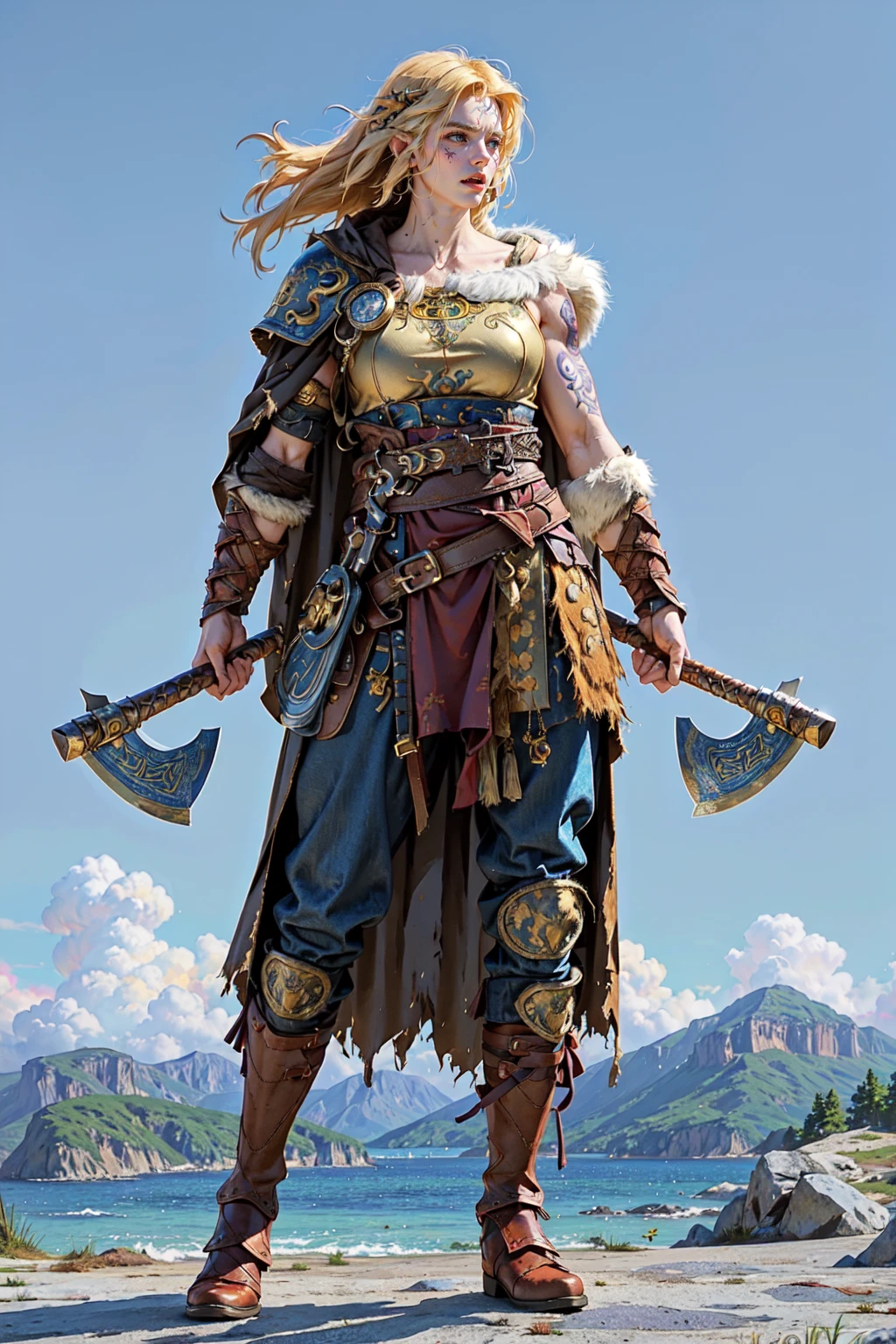 (masterpiece:1.2, best quality), (photorealistic:1.2), Viking_dual_V1, viking, solo, standing, 1girl, ((full body)), angry face:1.2, ((shouting)), ((muscular:1.2)), (holding axe, dual wielding), armor, boots, fur trim, shoulder armor, belt, pants, pauldrons, cape, scar, tattoo, facial tattoo <lora:Viking_dual_V2:0.45>