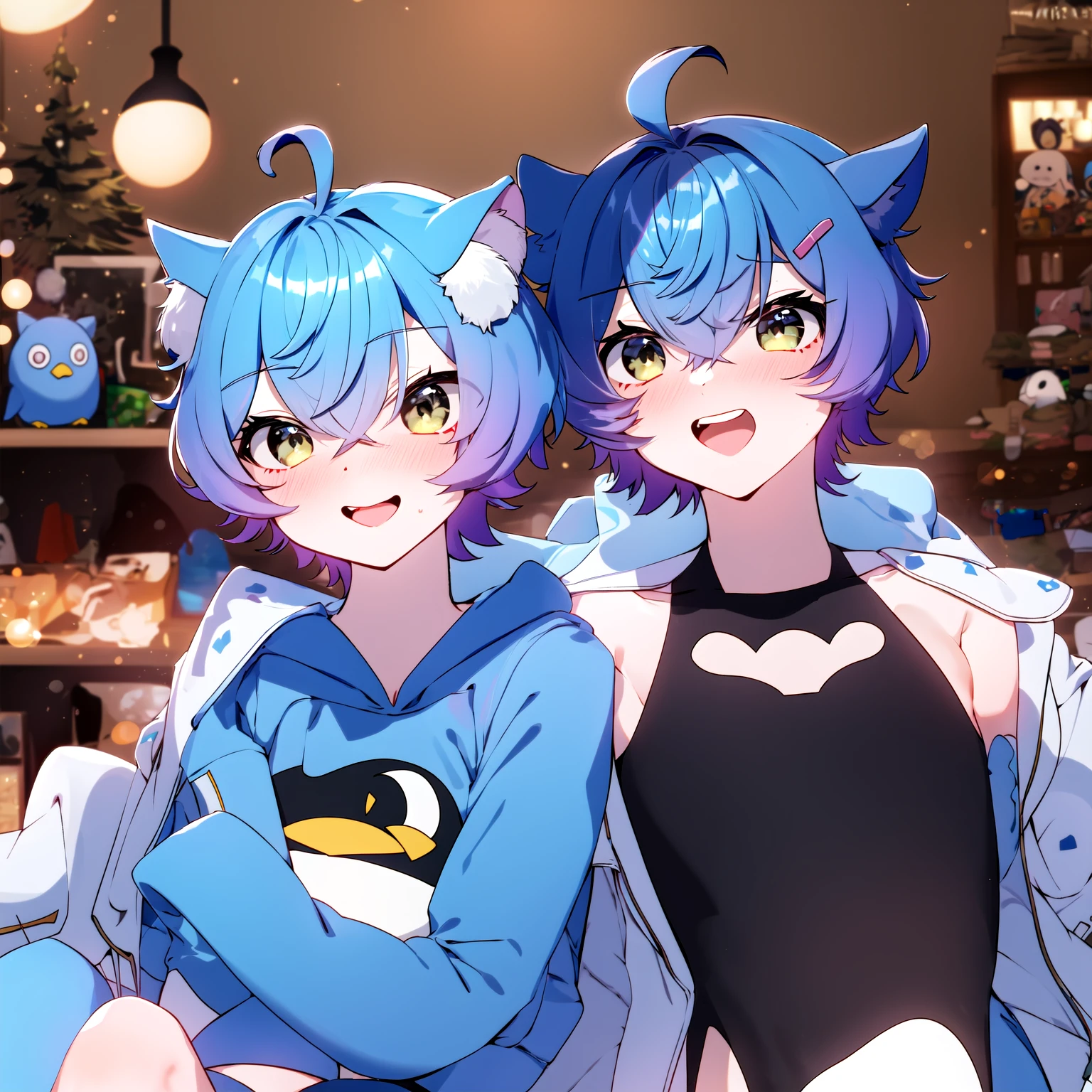 Linechu, 1 boy with blue hair and cat ears, holding a penguin plushie, in a white jacket and a black top, <lora:Linechu5_fuwafuwa_fixed:1> flat chest