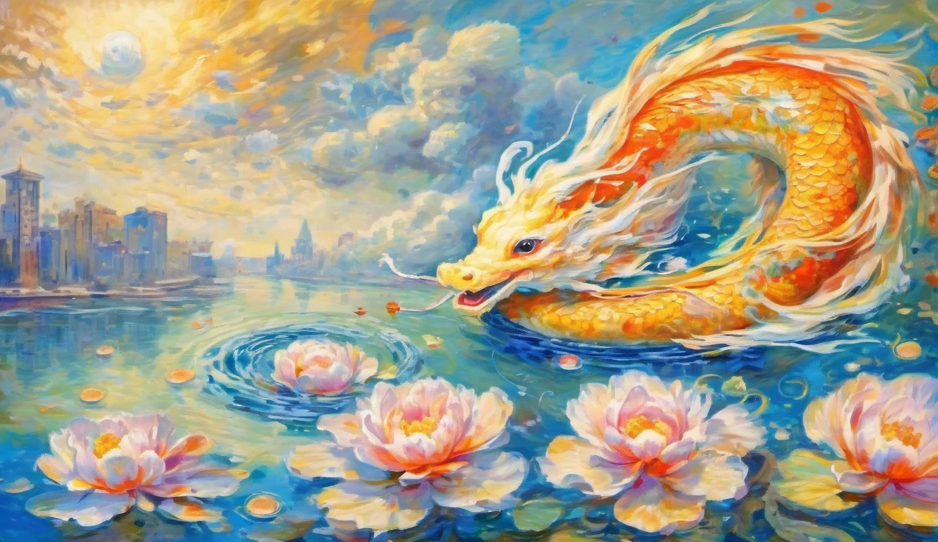 impressionism  of (Koi fish surrounding a dragon with ( friendly expression:1.2)), full body, open mouth,  (flying over the urban landscape:1.2),  (solo:1.1),
splashing water droplets, cloud,
(Oriental flat decor style:1.2),  oil painting, colorful decorations,
BREAK, Fisheye Lens Effectï¼
<lora:dragon-000006:0.7>,<lora:Impressionism-000002:0.3>