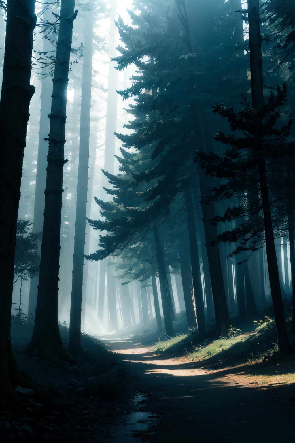 absurdres, fantasy, dark scene, volumetric light, contrast, dark forest, winding road, grim, sinister