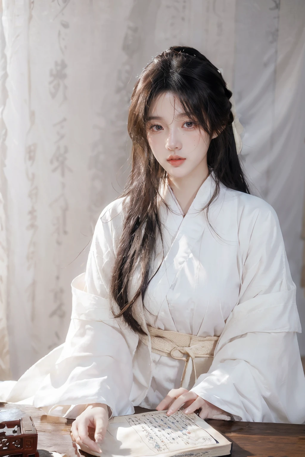 <lora:Calligraphy-000001:0.8>,<lora:GoodHands-beta2:1>,calligraphy background,1girl,solo,black hair,long hair,cursive,lips,realistic,hair over one eye,sitting,book,chinese clothes,robe,scroll,white robe,ancient books,floating hair,dynamic pose,, best quality , masterpiece, illustration, an extremely delicate and beautiful, extremely detailed ,CG,unity,8k wallpaper, Amazing, finely detail, masterpiece, best quality,official art,extremely detailed CG unity 8k wallpaper,absurdres, incredibly absurdres, huge filesize , ultra-detailed, highres, extremely detailed,beautiful detailed girl, extremely detailed eyes and face, beautiful detailed eyes,light on face,