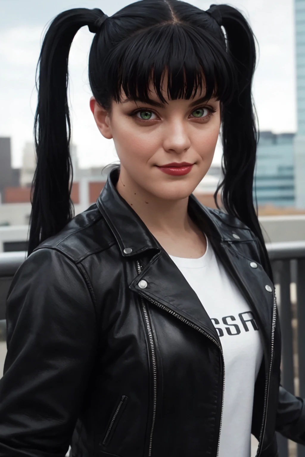 <lora:mondongo_LoRA_PauleyPerrette_v2:1> mndngwmn, bangs, pigtails, (ultra realistic, 8k,high quality),(medium shot), wearing a leather jacket, on a city downtown