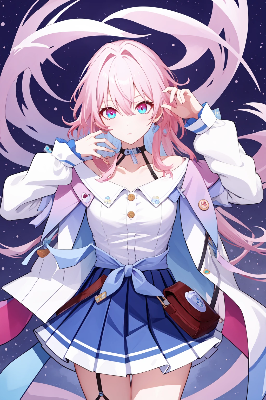 <lora:ä¸æä¸:1:lbw=char>,sanyueqi,pink hair,bangs,shirt,white shirt,long sleeves,blue eyes,jacket,skirt,choker,blue jacket,blue skirt,hair between eyes,multicolored eyes,, 1girl,
,  (masterpiece,best quality:1.2),absurdres