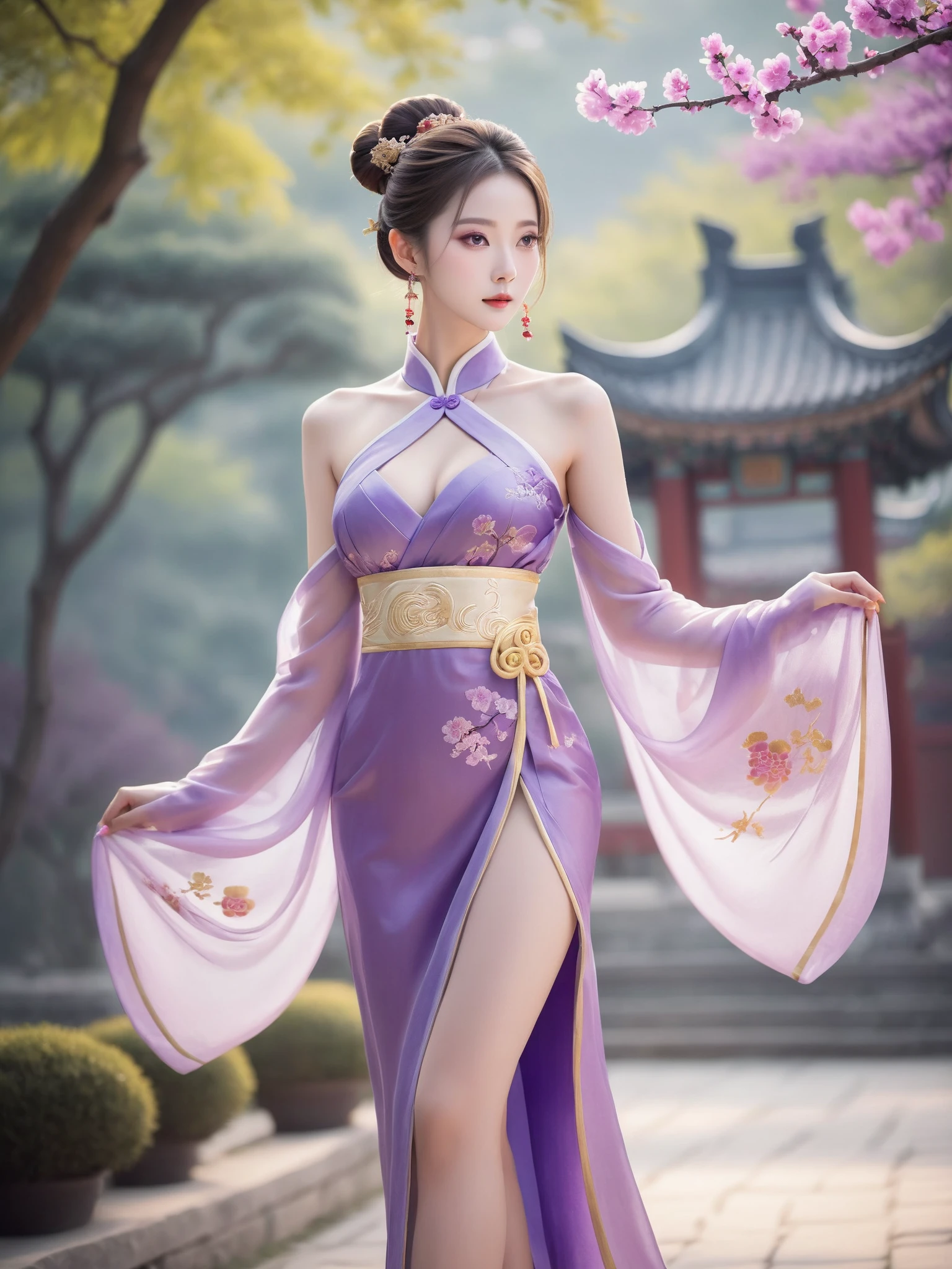 1 girl,solo,full body, single hair bun, oval face, classical chinese clothing, see-though, thin waist, beautiful waistline, slender legs, long legs, in the style of purple color and light golden, makeup, high forks, fairy thigh, cleavage, large breasts, depth of field, garden, violet,hot figure,C_cup_breasts,Women dressed in ancient Chinese style, sexy