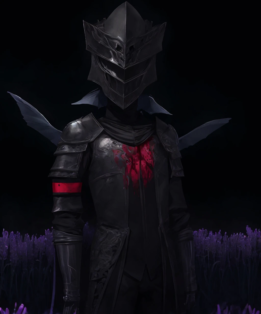 dark theme, horror, monster, eldritch abomination, 1boy, male focus, wings, armor, blood, helmet, shoulder armor, armband, pauldrons, cowboy shot, looking at viewer, solo, soothing lavender field under a clear sky, (masterpiece: 1.1), (best quality: 1.1), (detailed: 1.3), <lora:deep_beast-10:1>, <lora:LowRA:0.8>