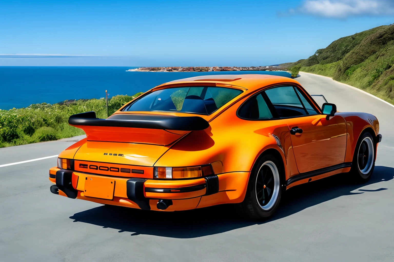 Photo of a orange p911t, parked in a driveway, in front of a highway with an ocean view <lora:p911t:.8>