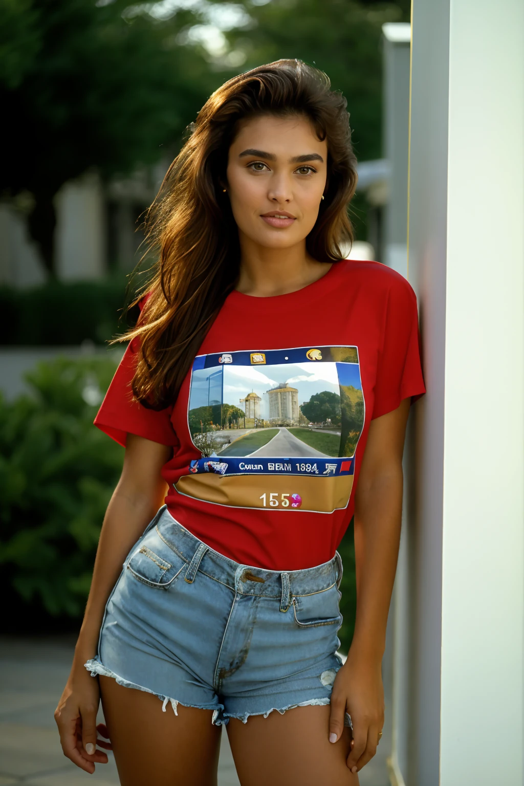 (masterpiece, best quality, high resolution:1.2), (dynamic angle), (seductive pose), detailed background,
HDR, shot on Canon 5D Mark II, sharp focus on subject, depth of field, cinematic lighting, hard shadows,
detailed face, detailed eyes, detailed skin, extremely detailed, intricate details,
(1girl, 24 years old), <lora:ZH_TiaCarrere90s:1>, zh_tiacarrere90s, solo, realistic, brown hair, lips, brown eyes, looking at viewer, slight smile, t-shirt, shorts, jewelry, 90s aesthetic,