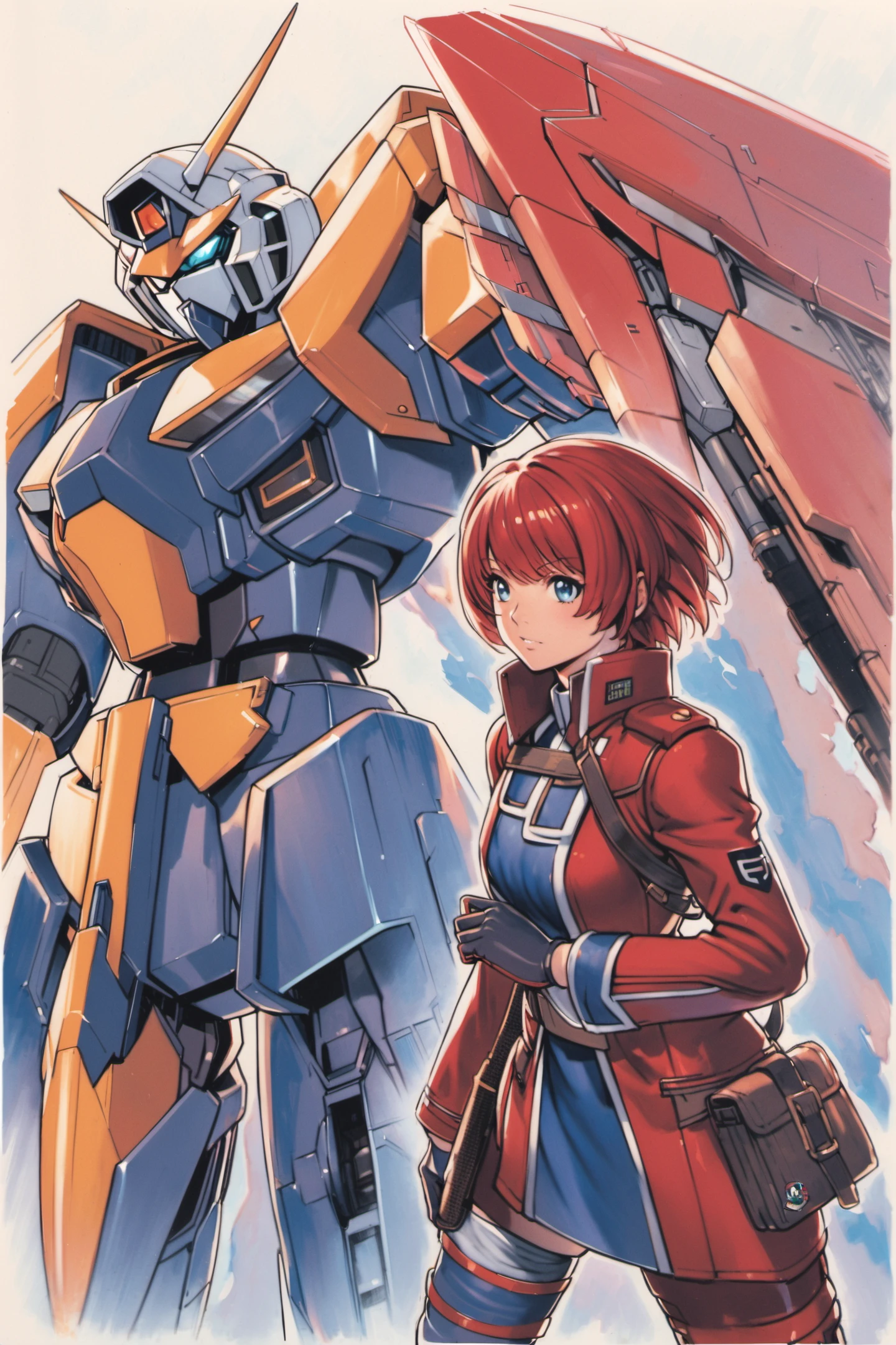 1girl, robot, mecha, red hair, short hair, gloves, uniform, military, v-fin, science fiction, blue eyes, traditional media, military uniform, mobile suit, <lora:Yasuda akira_XL:0.8>