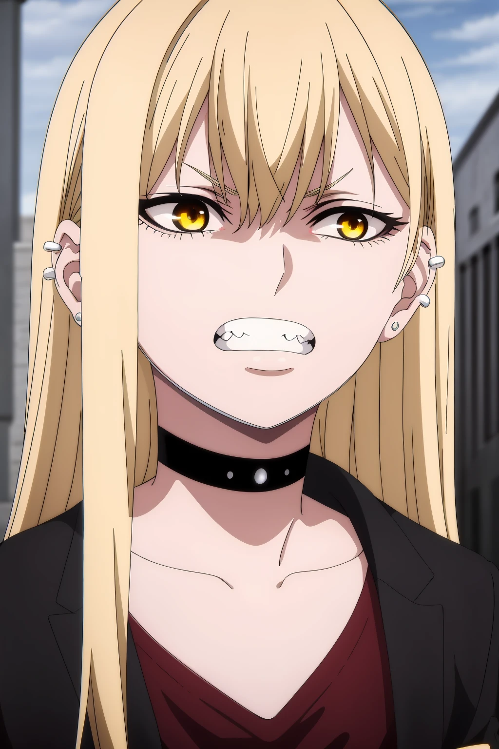 ((best quality)),((highly detailed)),masterpiece,absurdres,detailed face,beautiful face,(detailed eyes, deep eyes),1girl,((dynamic pose)) <lora:GuideauiV1:0.7>, Guideau, blonde hair, solo, yellow eyes, long hair, jewelry, earrings, piercing, choker, ear piercing, teeth, clenched teeth, bangs, fang, hair between eyes, black choker, blurry background, jacket, portrait, blurry, upper body, sidelocks, collar, outdoors, stud earrings, grimace, collarbone, angry, photo background, looking to the side, fangs, shirt, black jacket, black shirt