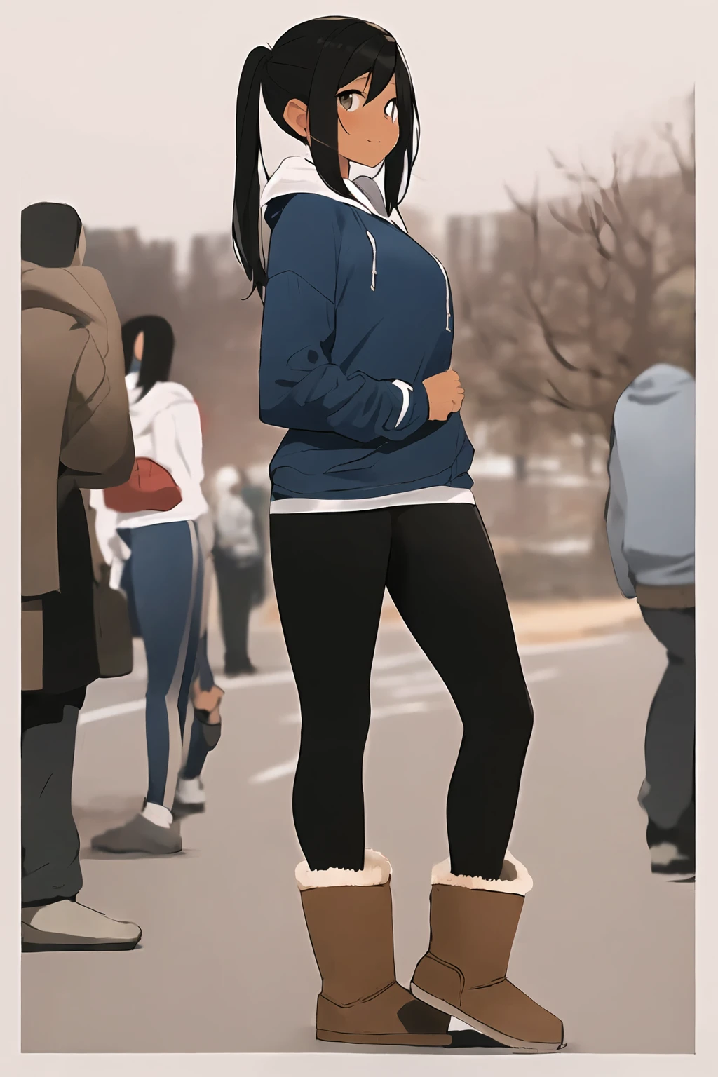<lora:uggs_3750_lora_f32:1> uggs (masterpiece, best quality), 1girl, latinx skin tone, (18|24|30|40) y.o, pigtail black hair,  sports hoodie, blue leggings, (full body:1.3), outside, 3/4 view