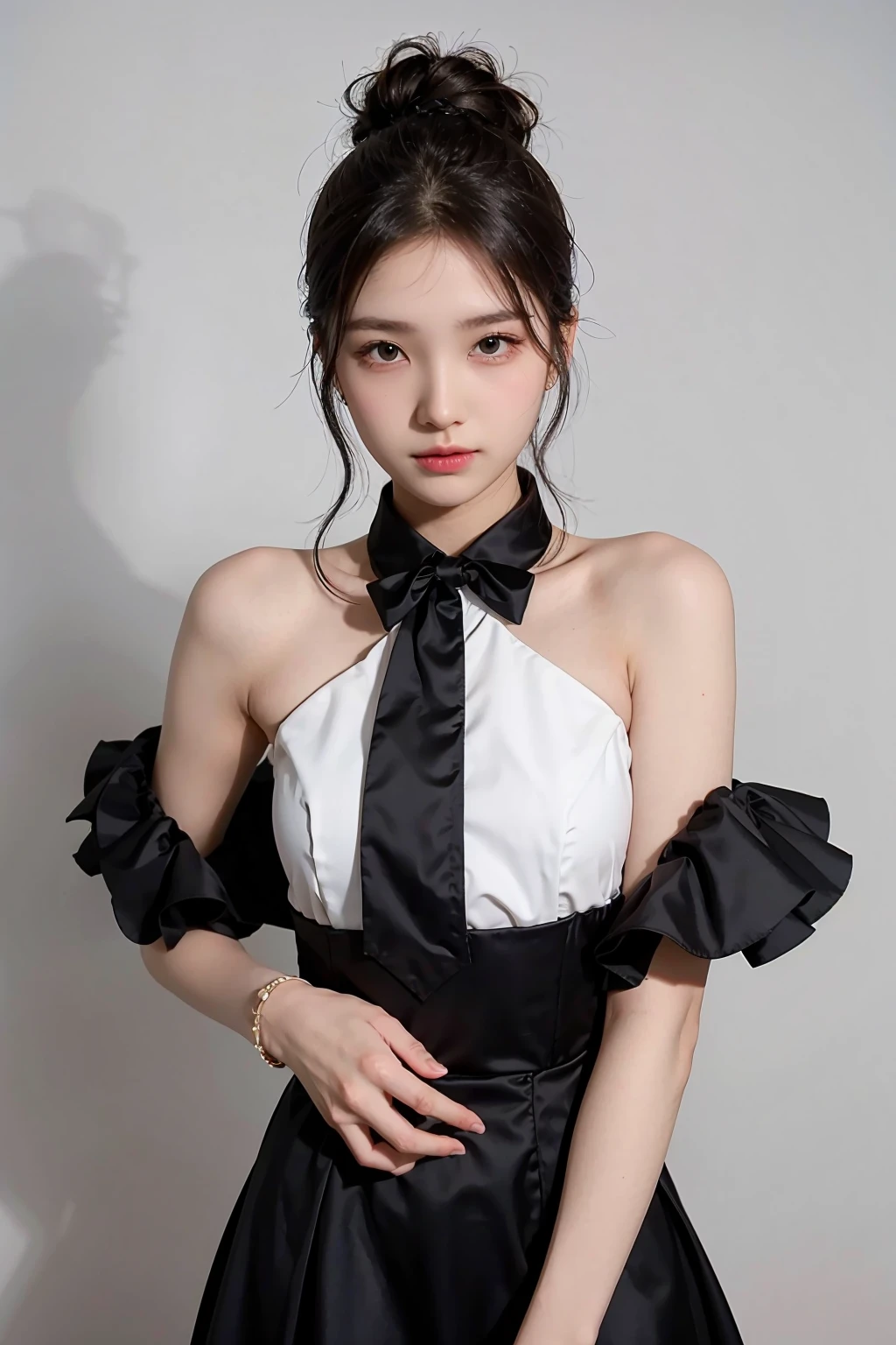 1girl, black random formal attire, white background, <lora:hannah_kmz-02:1>