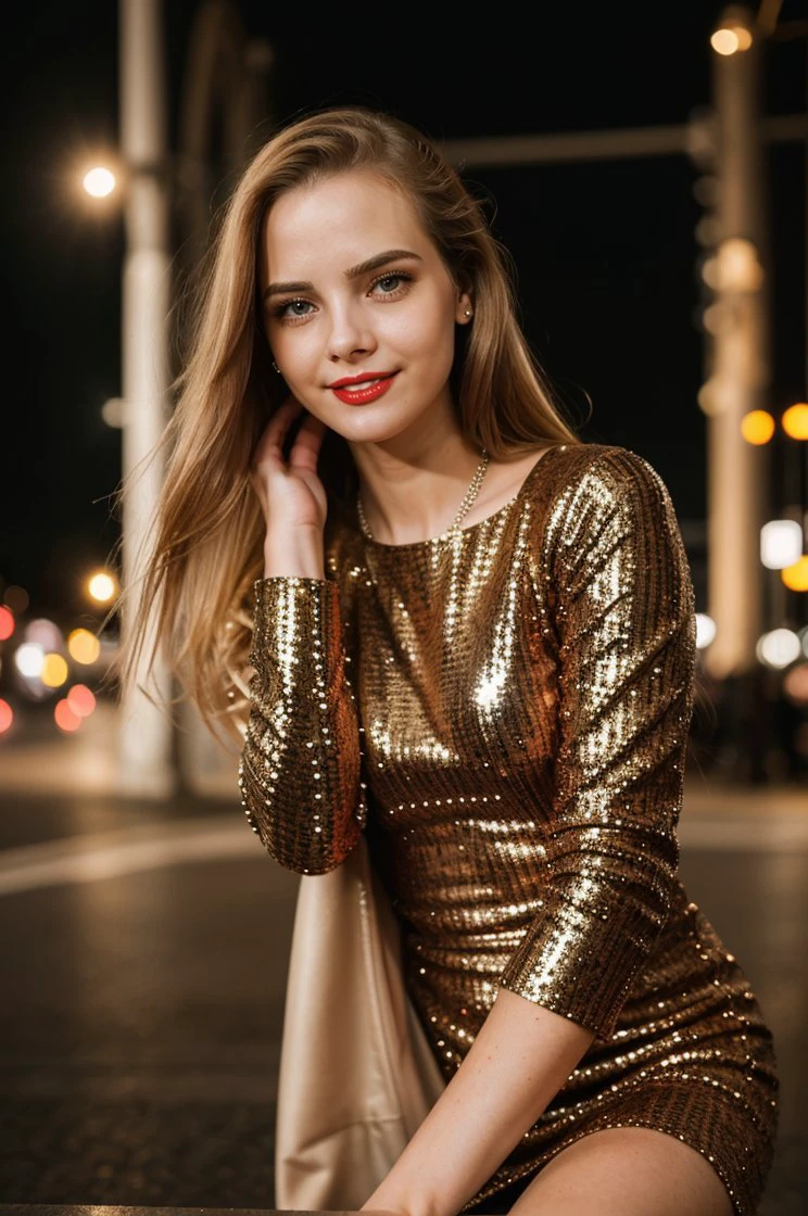 selfie, top view: 1.4),full body shot, RAW UHD portrait photo of a 24-year-old long brown-haired (blue-eyed woman)Small riverside, deep shading, discreet, cold light, sexy looks, breasts, the city at night, detailed portrait of a tailor, wearing an elegant fashion yellow dress with glitter bag detailed textures,high definition, Instagram pose, far away shot,soft smile