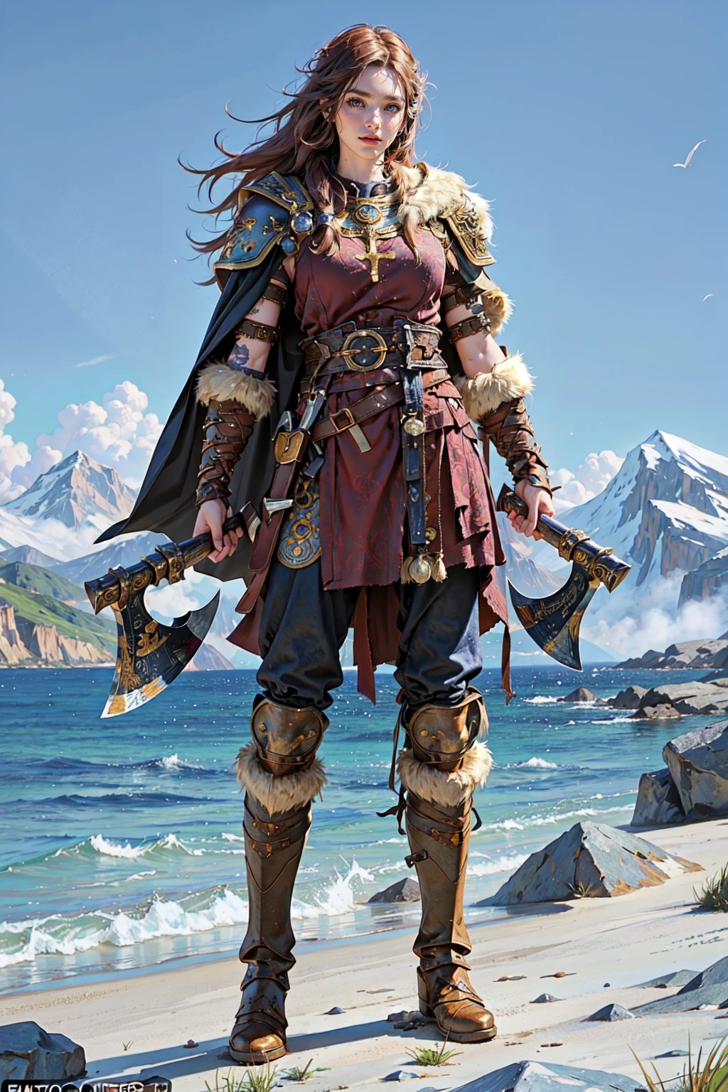 (masterpiece:1.2, best quality), (photorealistic:1.2), Viking_dual_V1, viking, solo, standing, 1girl, looking at viewer, ((full body)), (holding axe, dual wielding), armor, boots, fur trim, shoulder armor, belt, pants, pauldrons, cape, scar, tattoo, facial tattoo <lora:Viking_dual_V2:0.45>