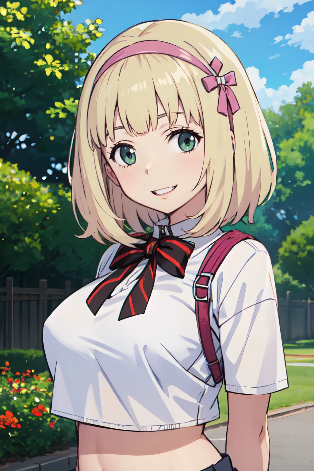 masterpiece,best quality,moriyama shiemi, 1girl, solo, large breasts, smile,happy,parted lips,headband,arms behind back, upper body, outdoors,Cargo pants, crop top, chunky sneakers <lora:moriyama_shiemi_v1_goofy:0.8>