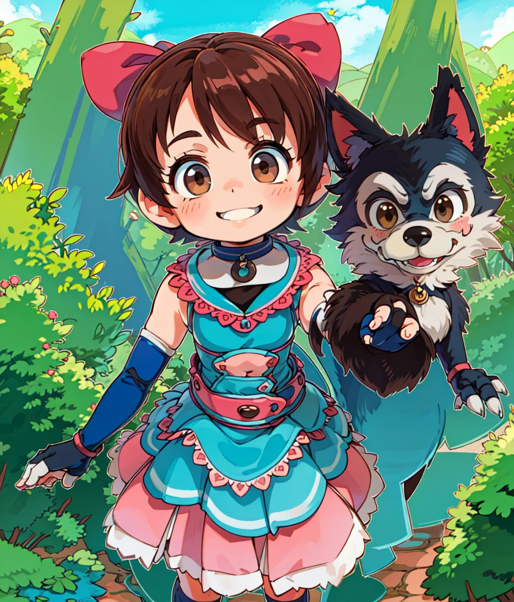 masterpiece, high res, detailed face, detailed eyes, 1 girl, solo, brown hair, brown eyes, short hair, giant pink ribbon on top of the head, high tighs, blue white outfit, blue elbow gloves, blue tighs, ring chocker,  ((cartoony black wolf puppet)) smile, standing, full body, outdoors, forest , cowboy shot   <lora:Mel attempt:1>