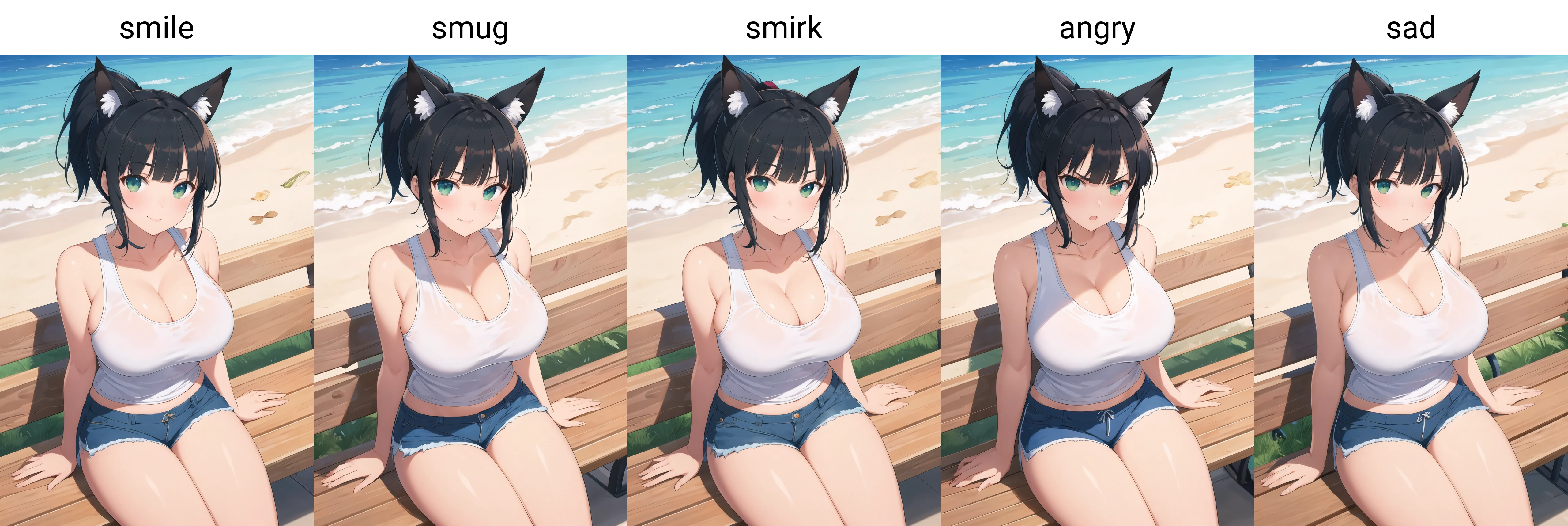 masterpiece, best quality, 1girl, solo, sitting, on bench, outdoors, beach, tank top, (white tank top:1.2), (black hair:1.2), green eyes, (smile), ponytail, blunt bangs, short hair, huge breasts, blue shorts, fox ears, <lora:Yaegashi-Han-Style_1036864:1>