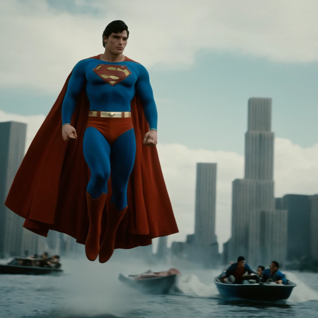 cinematic film still of <lora:Superman v3:1>
young Christopher Reeve, Kal-El, Kryptonian, Man of Steel, Superman a 1970's superman flying over a city with a boat in the water,solo,black hair,1boy,male focus,belt,cape,flying,city,realistic,retro artstyle,superhero,photo background, shallow depth of field, vignette, highly detailed, high budget, bokeh, cinemascope, moody, epic, gorgeous, film grain, grainy