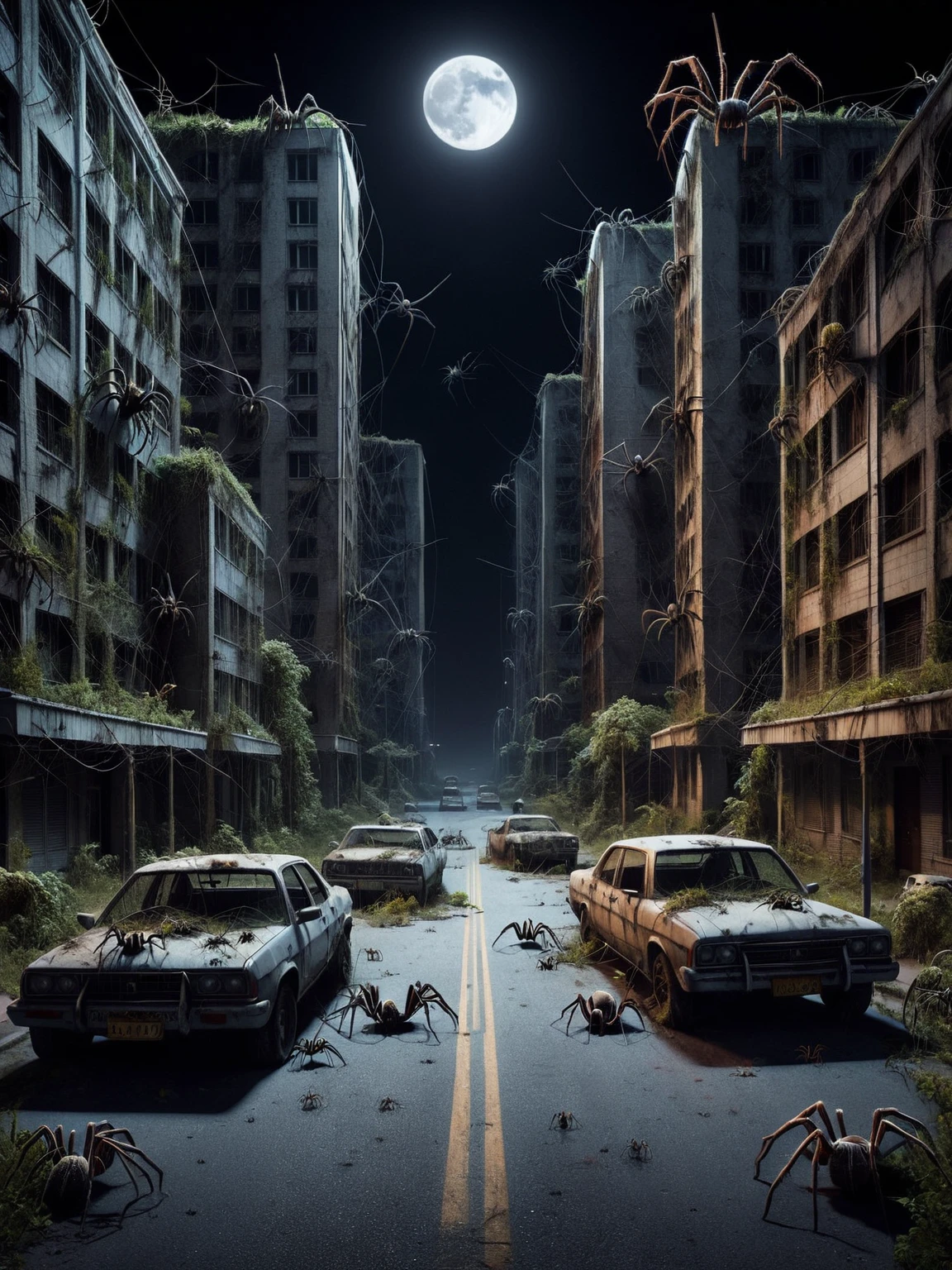 A deserted city street under the moonlight, with abandoned cars and overgrown vegetation, the pavements and buildings crawling with ais-spiderz, creating a post-apocalyptic atmosphere <lora:Spiders_Style_SDXL:1>