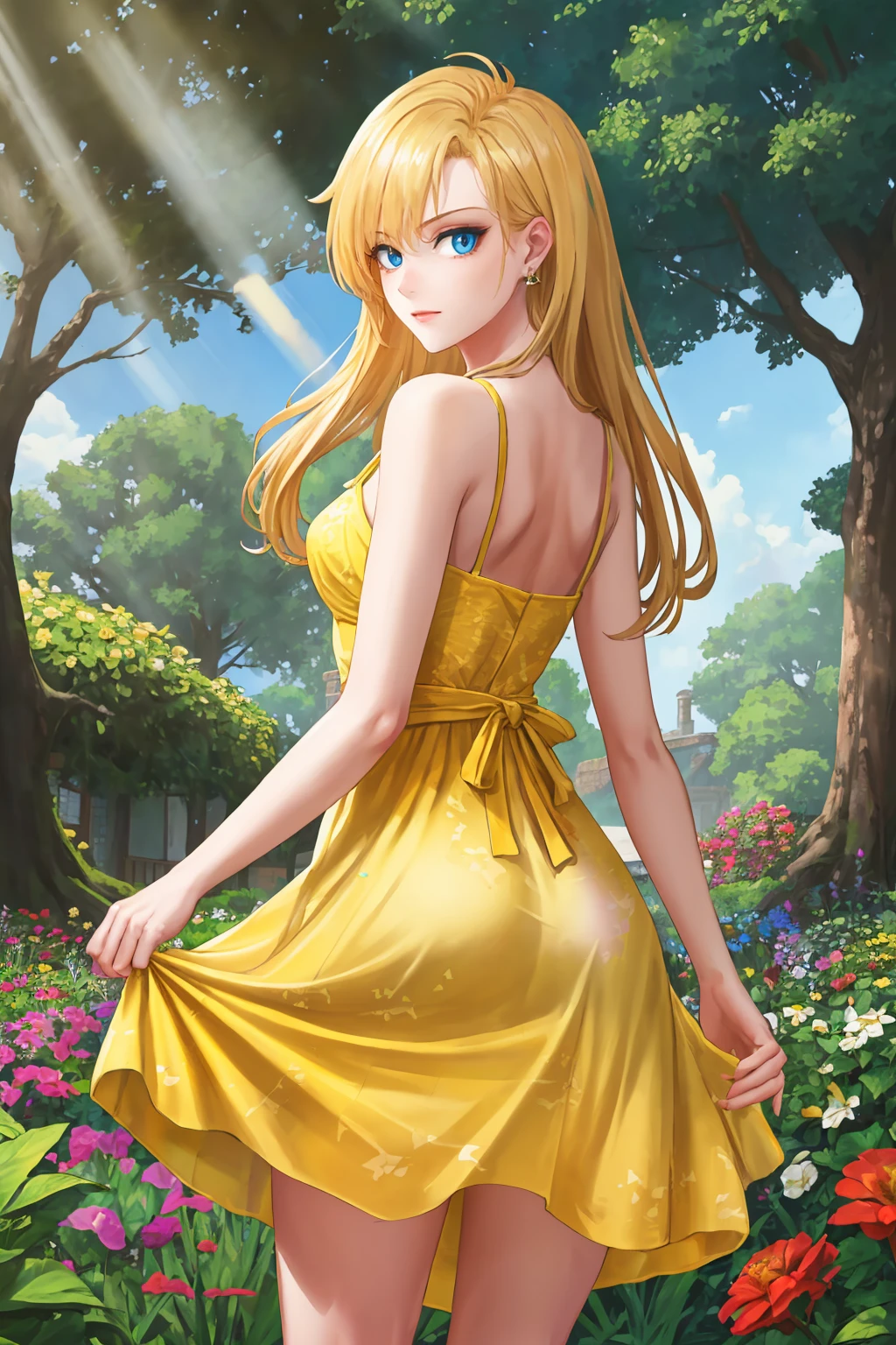 masterpiece, best quality, 1girl, solo, <lora:deladelon-brandish-richy-v1:1> deladelon, earrings, from behind, looking at viewer, looking back, (yellow sundress, dappled sunlight, garden, fantasy, tree shade:1.3), blue eyes