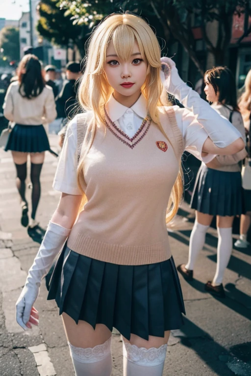 ltra-detailed,highly detailed,best quality,masterpiece,illustration,realistic,photorealistic,
shokuhou misaki, 1girl, solo, cosplay,
tokiwadai school uniform, lace-trimmed gloves, thighhighs, sweater vest, pleated skirt, zettai ryouiki, spider web print,
long hair, blonde hair, bangs,
looking at viewer, cowboy shot, dynamic pose,
outdoors, cityscape,
<lora:shokuhou misaki_v1_06:0.7>