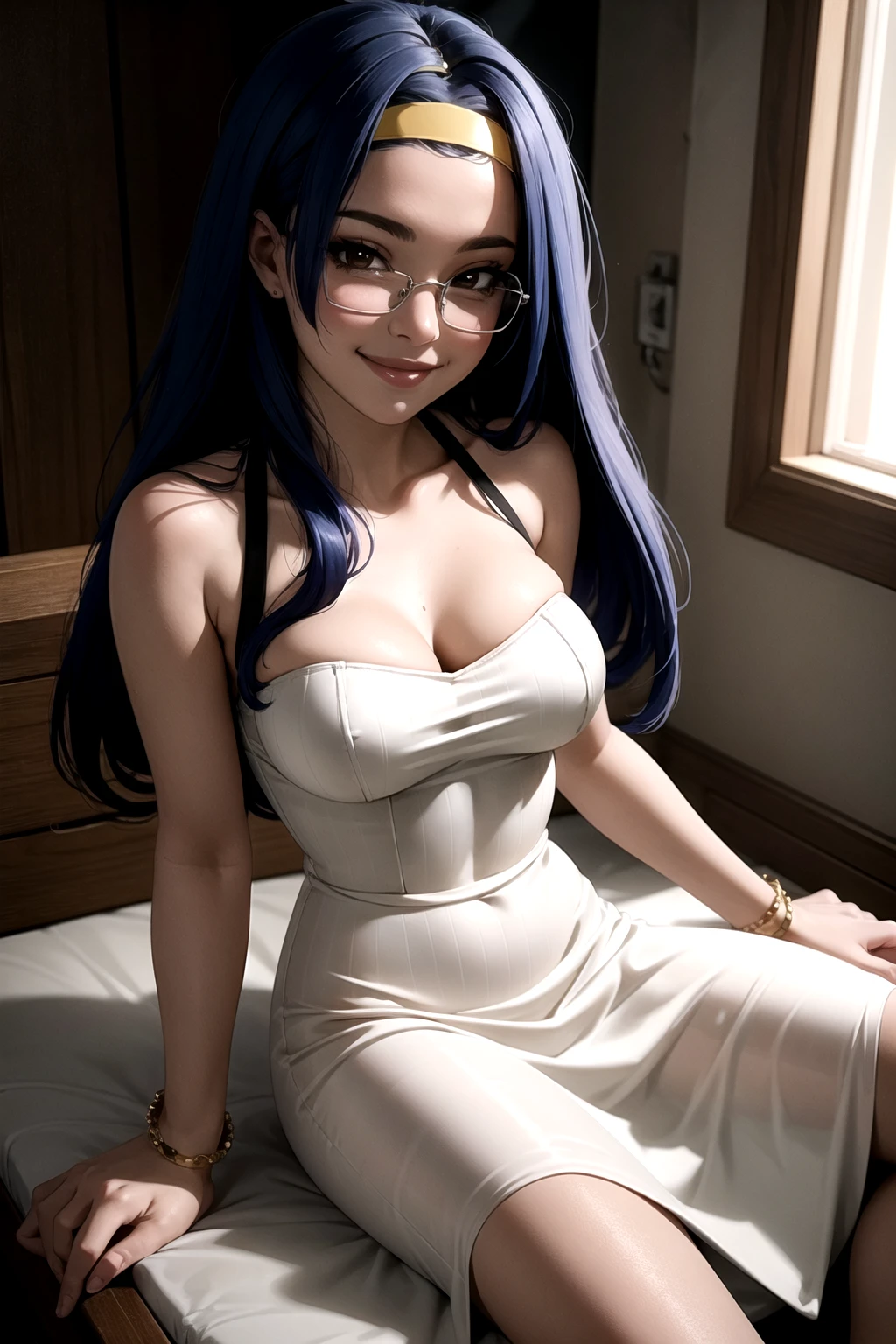arrester_blanket, 1girl, hairband, long_hair, glasses, <lora:Arrester_BlanketV2:0.75> ribbed_dress, bracelet, smile,, beautiful, (masterpiece:1.2), (best quality:1.2)