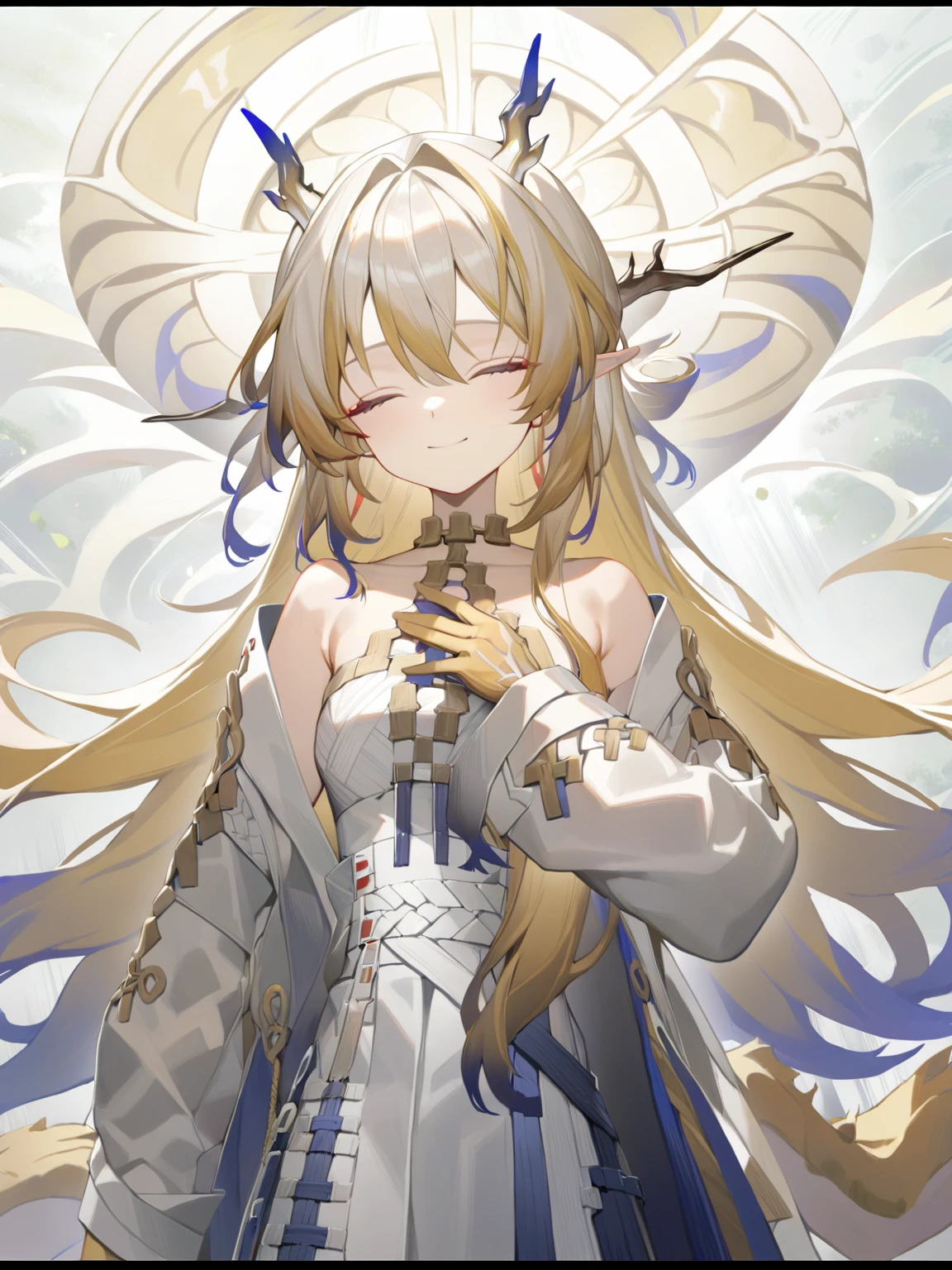 (1girl:1.2),(solo:1.2),masterpiece,best quality,highly detailed,best quality,illustration,highres,extremely detailed wallpaper,third-party edit,nice hands,perfect hands,
<lora:ShuLoraXL:1>,dragon horns,long hair,multicolored hair,blonde hair,(white background:1.2),slight smile,closed eyes,hand on chest,from below,