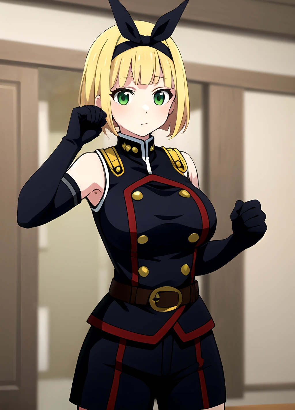 masterpiece, best quality, <lora:Shushu Suruga anylora19r42r-000006:0.7>, uniform, gloves, elbow gloves, belt, black gloves, shorts, black shorts, Shushu Suruga, 1girl, yellow hair, green eyes, looking at viewer, short hair, large breasts, hairband, bangs, upper body, hands down
