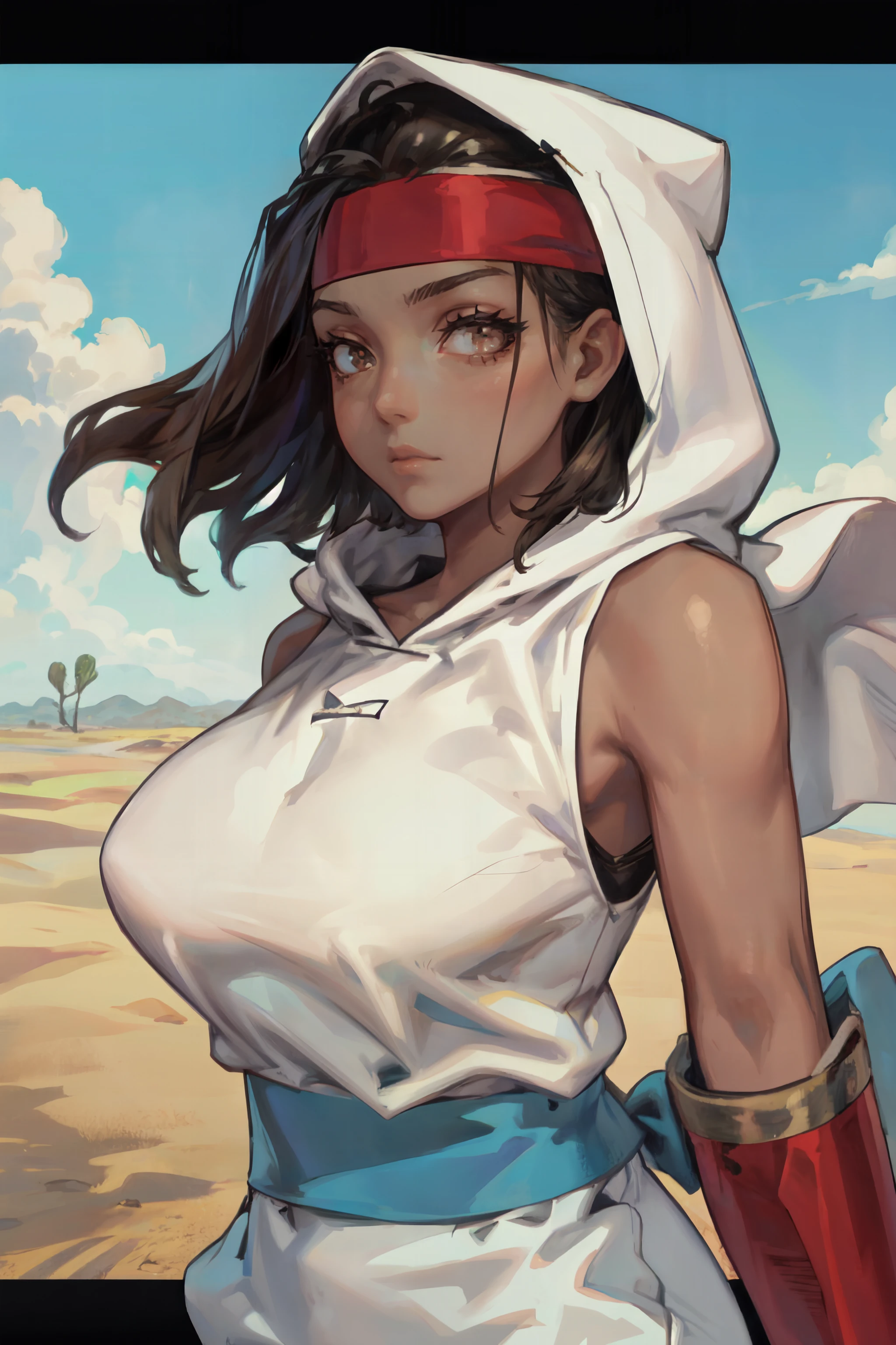 (masterpiece, best quality, ultra detailed, beautiful illustration), atmospheric perspective, depth of field, looking at viewer, beautiful detailed eyes, anime eyes:1.4, (portrait, close-up:1.2), dynamic pose, dynamic angle, (outdoors, desert, wind blowing), 1girl, serious expression, (huge breasts), <lora:FinalFantasy_Rapha:0.9>, RaphaFFT, dark skin, dark-skinned female, brown eyes, headband, hood, white hoodie, sleeveless, bare shoulders, blue sash, white pants, puffy pants, sandals, bracer, (hand on own hair)