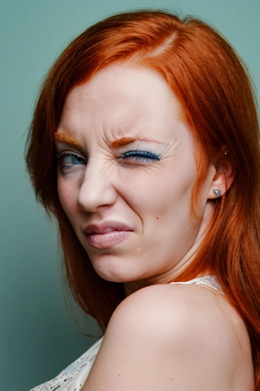 portrait of redhead, blue eyes, plain background, face focus,
winking
disgusted<lora:disgusted_v1:1.0>
expression
<lora:winking_v1:1.4>