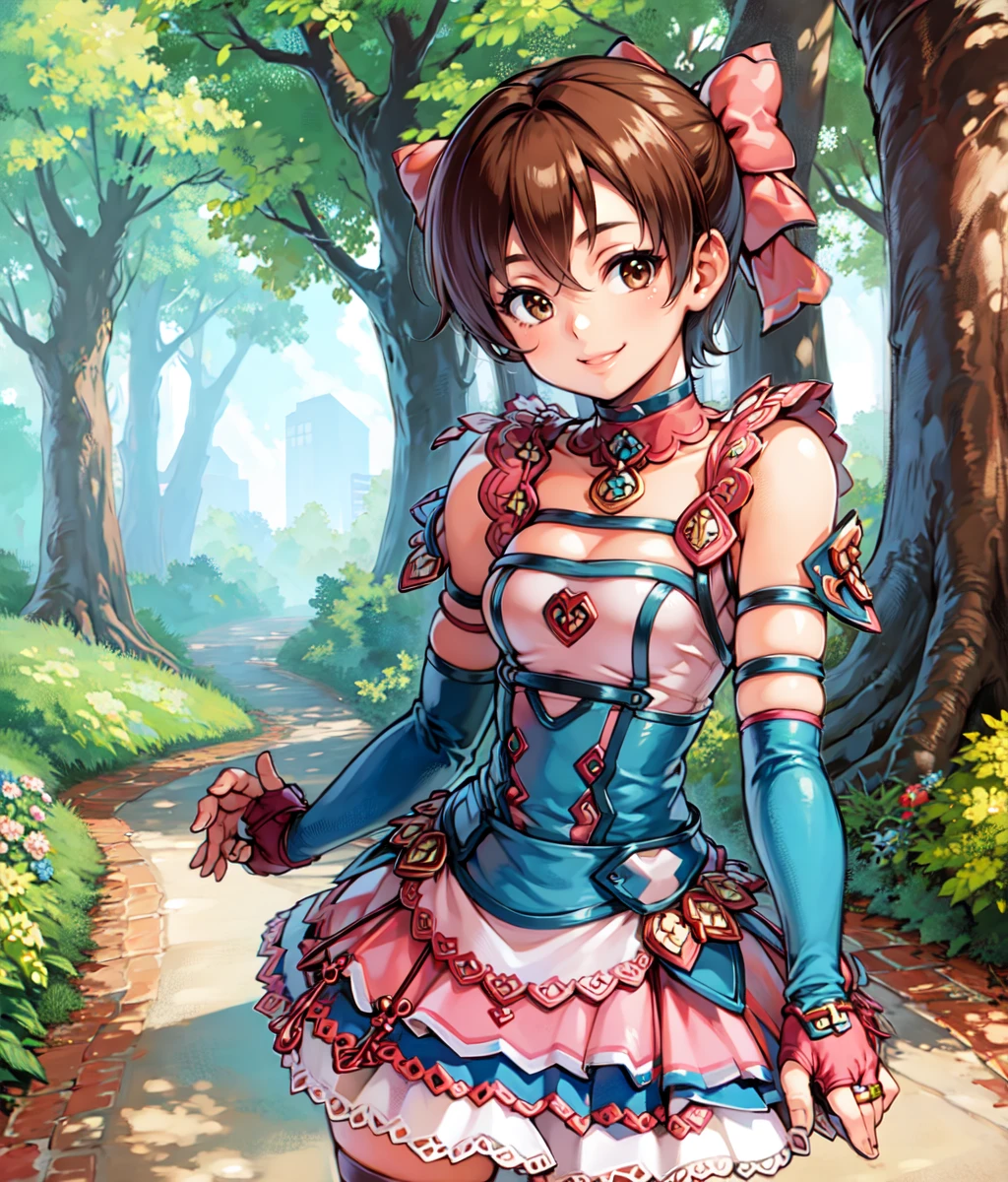 masterpiece, high res, detailed face, detailed eyes, 1 girl, solo, brown hair, brown eyes, short hair, giant pink ribbon on top of the head, high tighs, blue white outfit, blue elbow gloves, blue tighs, ring chocker, smile, standing, full body, outdoors, forest , cowboy shot <lora:Mel attempt:1>