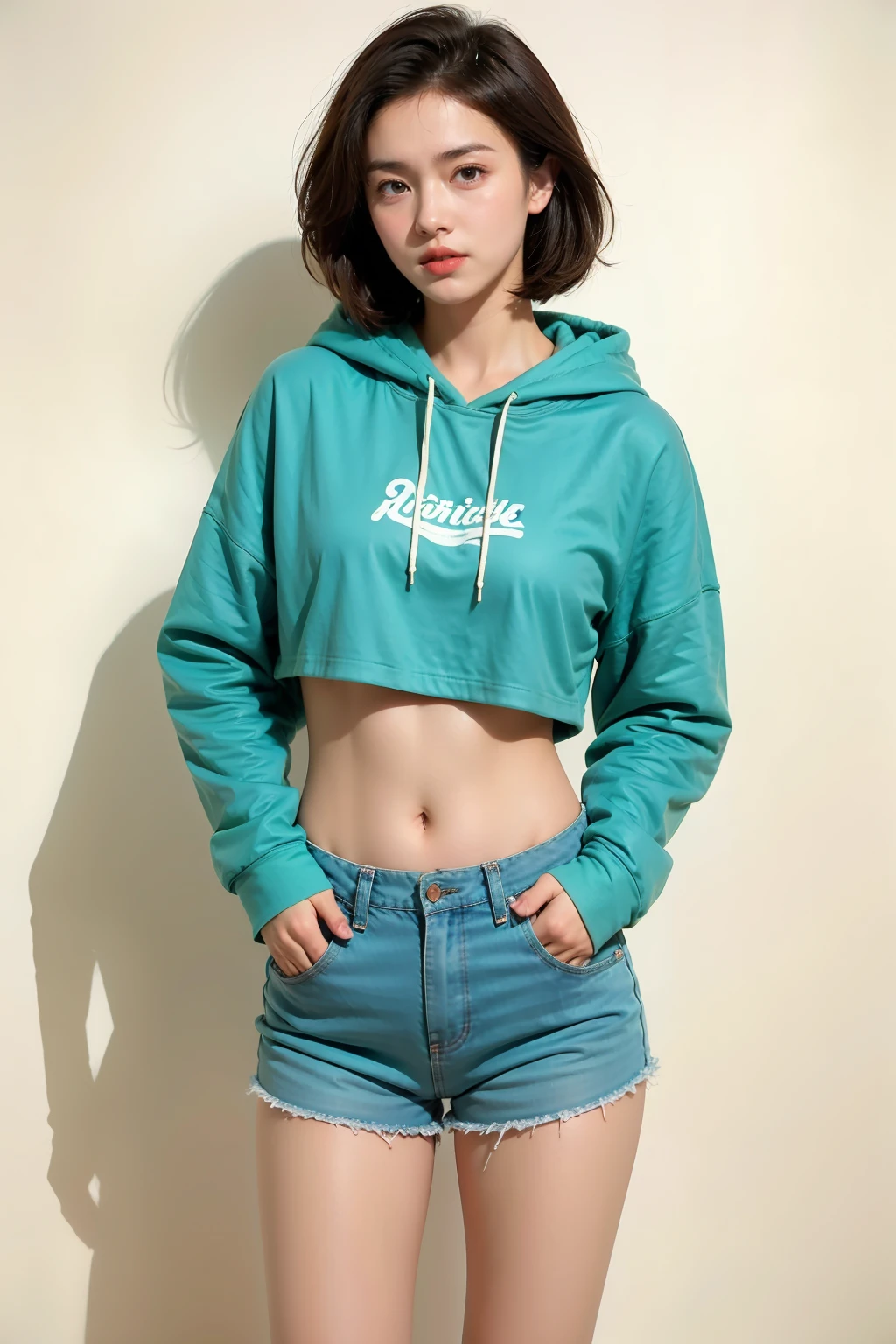 ss, hoodie, 1girl, solo, hood, shorts, navel, denim, realistic, midriff, brown hair, cutoffs, denim shorts, brown eyes, short hair, looking at viewer, short shorts, standing, hands in pockets, hood down, long sleeves, crop top, lips, drawstring, parted lips, shadow, cowboy shot, simple background, stomach, green hoodie, sleeves past wrists<lora:å«è¡£å¸½è¡«:0.7>,