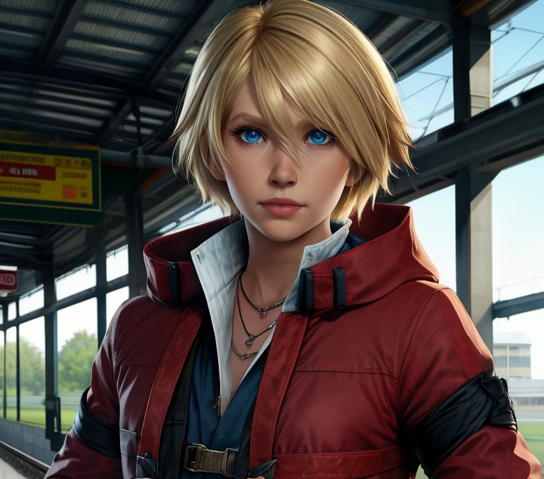 Leo,blonde hair,short hair,blue eyes,
red coat,belts,flat chest,looking at viewer,
standing,necklace,fingerless gloves,upper body,
train station,
(insanely detailed, masterpiece, best quality),solo,<lora:LeoT8-11v10v2:0.7>,