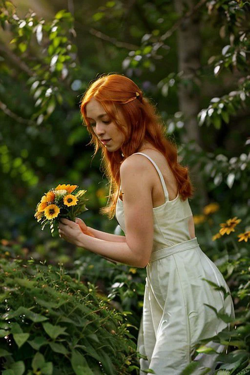 Delight in the serene beauty of a woman as she gracefully picks up flowers in a sunlit forest. The bright rim light accentuates her silhouette, casting a radiant glow on her back. The sun's rays bathe her orange hair, creating a captivating interplay of light and color. Her long legs navigate through a garden adorned with vibrant flowers and lush trees, surrounded by the soothing hues of green leaves. The scene is illuminated by the gentle touch of natural lighting, enhancing the enchantment of the moment.