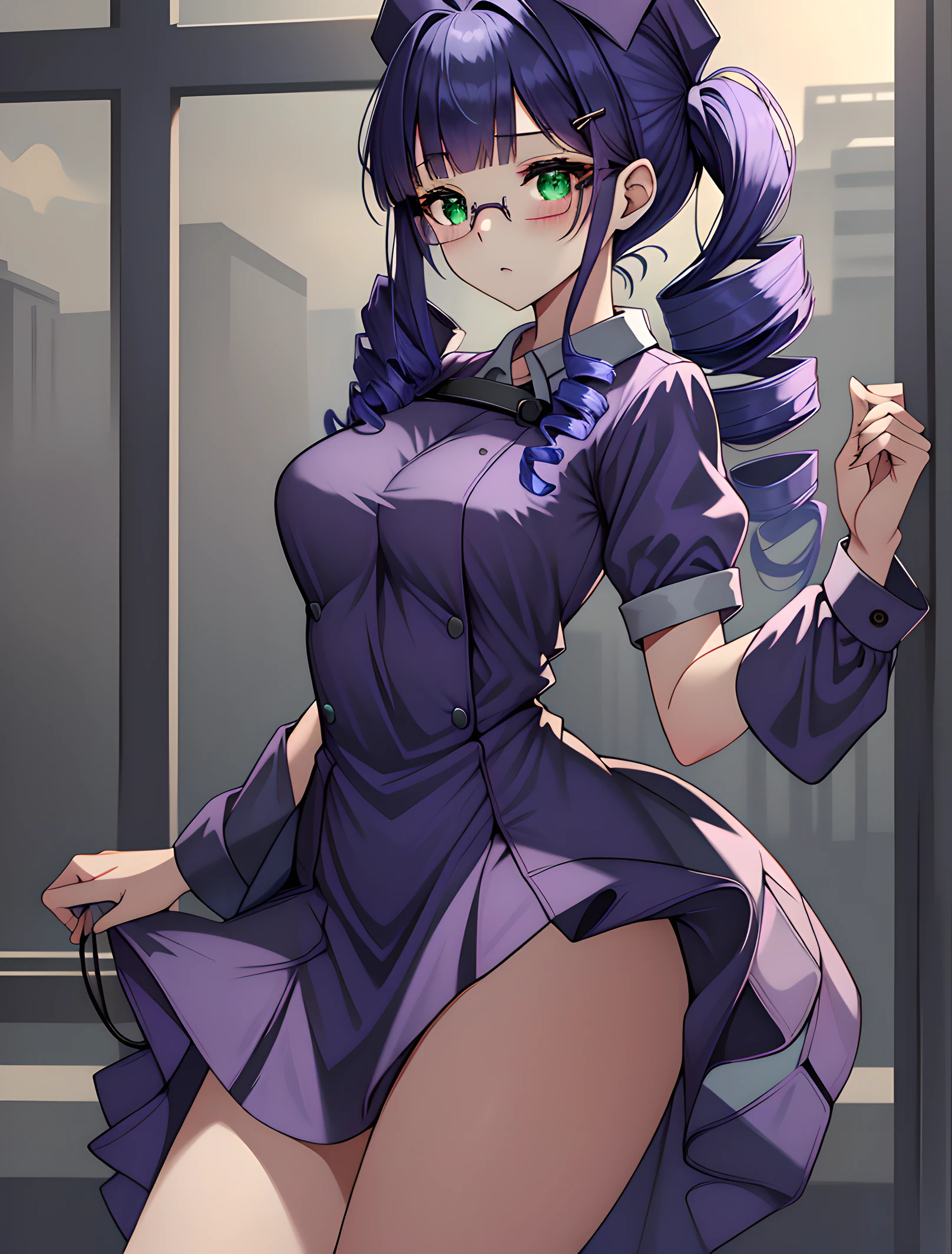 masterpiece, best quality, 1girl, solo, TwilightHuman, ponytail, purple eyes, glasses, pale skin, medium breasts, naked body, nude, purple skirt, sexy purple dress, undressing her dress, standing frontally to the viewer, pov, looking at viewer, whole body can be seen, fear, afraid, scared expression, school locker room, detailed hands, five fingers