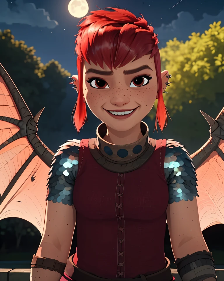 Nimona,short red hair,freckles,sidelocks,brown eyes,smiling,wings on upper back,
ear piercing,armor,bandages,gloves,dress,
standing,
nighttime,outdoors,
(insanely detailed, masterpiece, best quality),<lora:Nimona:0.8>,